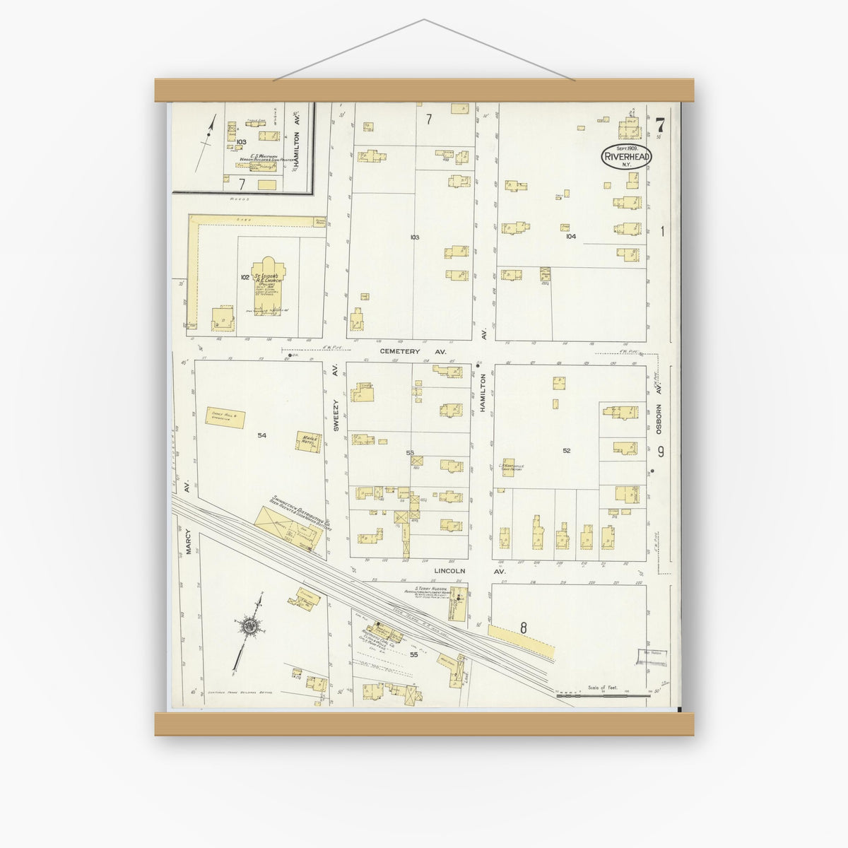 Old map wall art mockup — magnetic wood frame on white wall — Sanborn Fire Insurance Map from Riverhead, Suffolk County, New York (1909), Sheet #0007