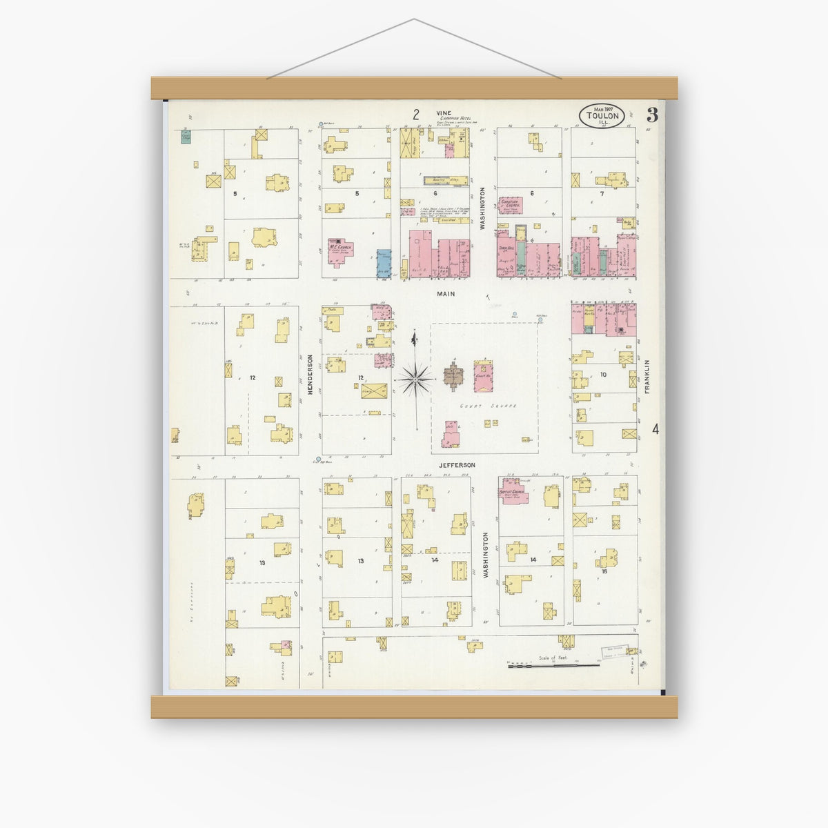 Old map wall art mockup — magnetic wood frame on white wall — Sanborn Fire Insurance Map from Toulon, Stark County, Illinois (1907), Sheet #0003
