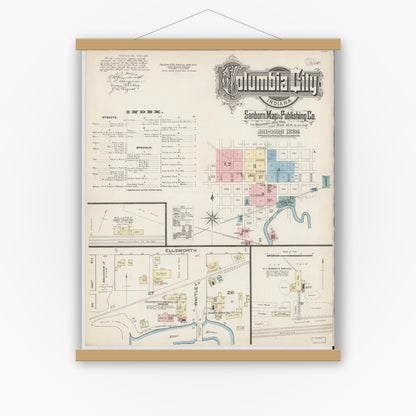 Old map wall art mockup — magnetic wood frame on white wall — Sanborn Fire Insurance Map from Columbia City, Whitley County, Indiana (1886) - Complete Map Set