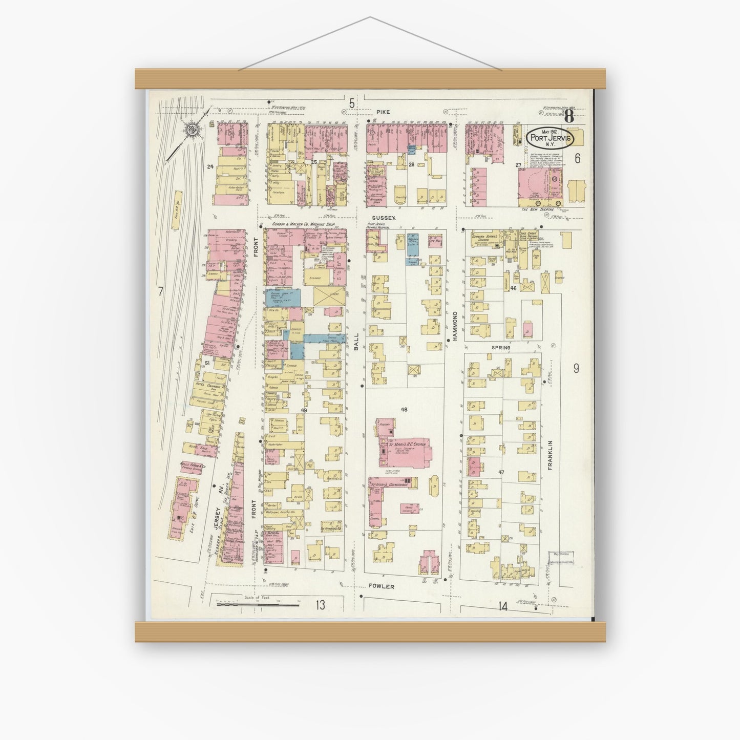 Old map wall art mockup — magnetic wood frame on white wall — Sanborn Fire Insurance Map from Port Jervis, Orange County, New York (1912), Sheet #0008