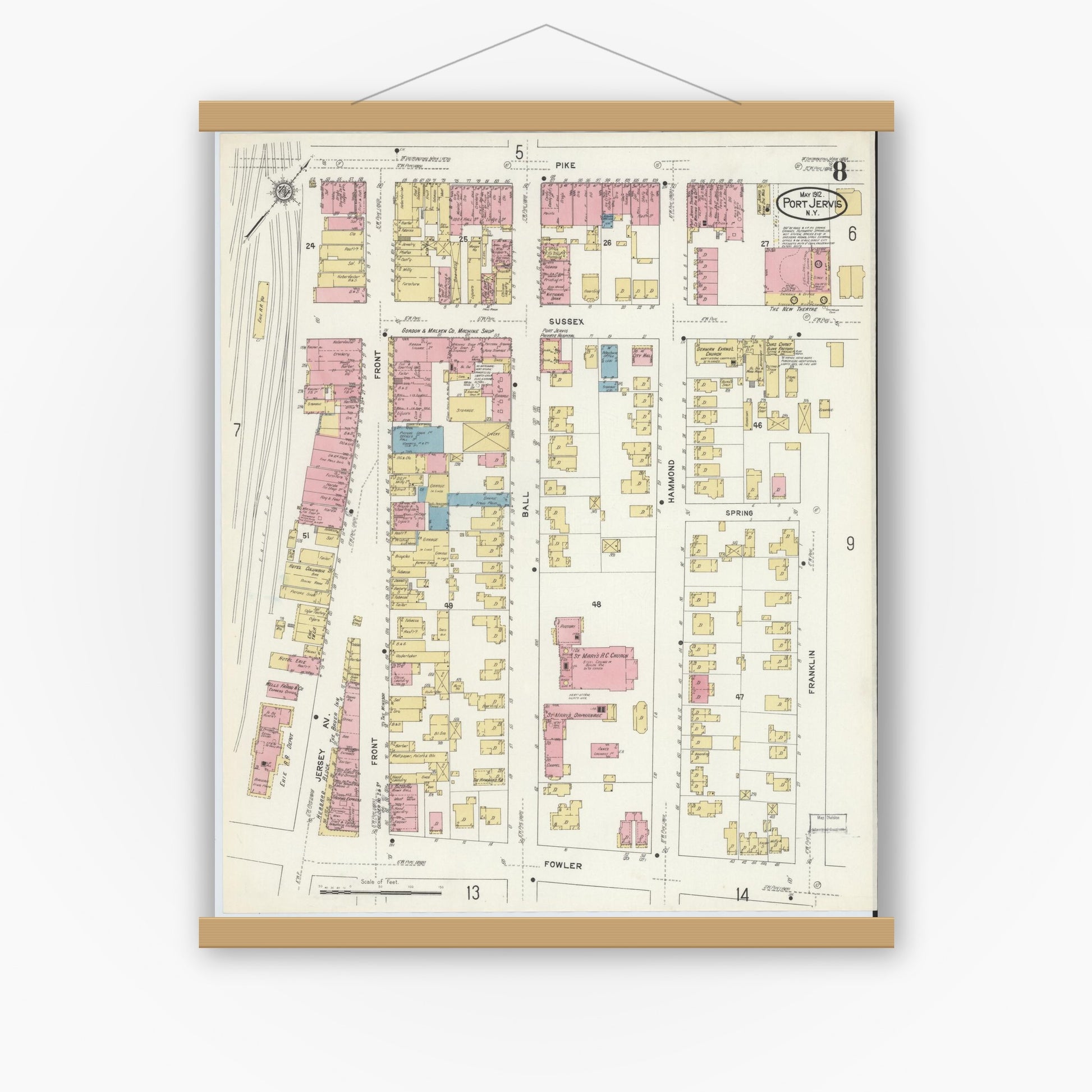 Old map wall art mockup — magnetic wood frame on white wall — Sanborn Fire Insurance Map from Port Jervis, Orange County, New York (1912), Sheet #0008