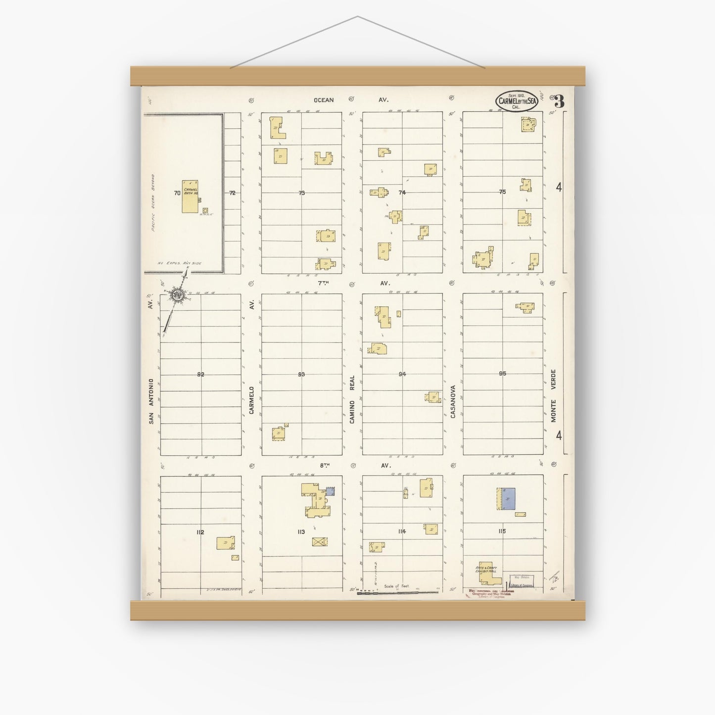 Old map wall art mockup — magnetic wood frame on white wall — Sanborn Fire Insurance Map from Carmel By The Sea, Monterey County, California (1910), Sheet #0003