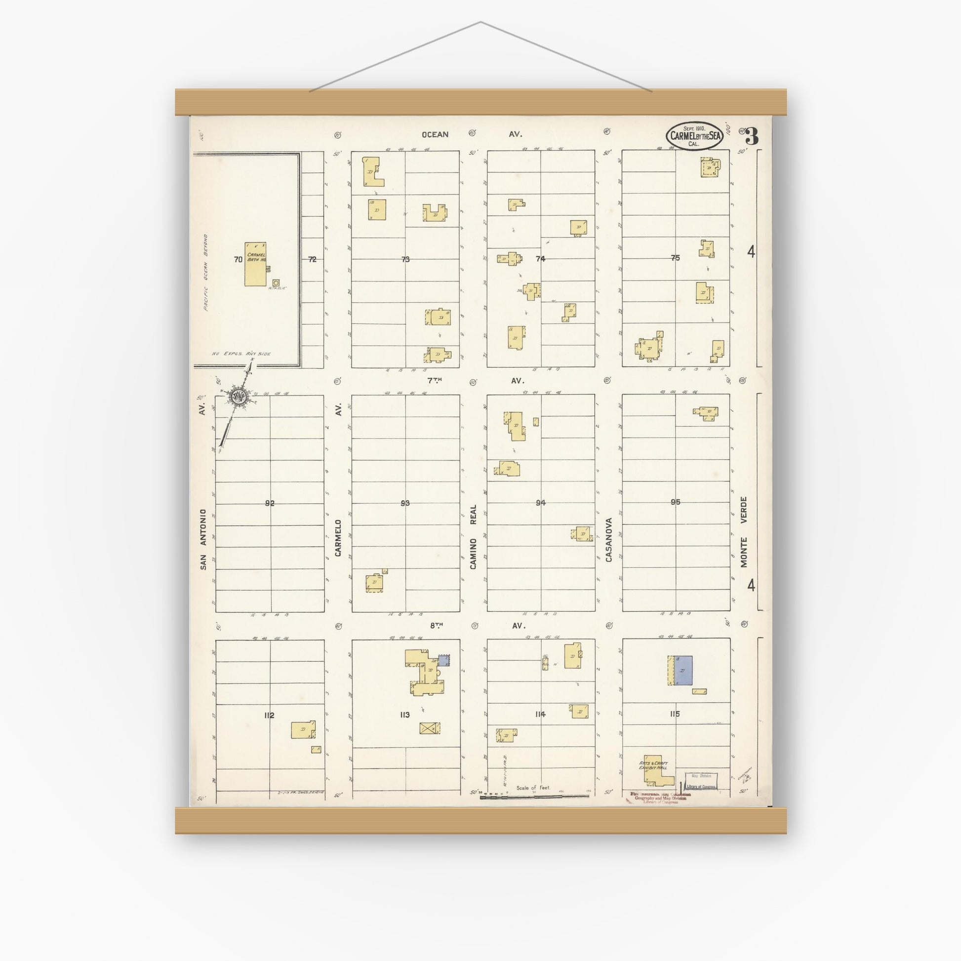 Old map wall art mockup — magnetic wood frame on white wall — Sanborn Fire Insurance Map from Carmel By The Sea, Monterey County, California (1910), Sheet #0003