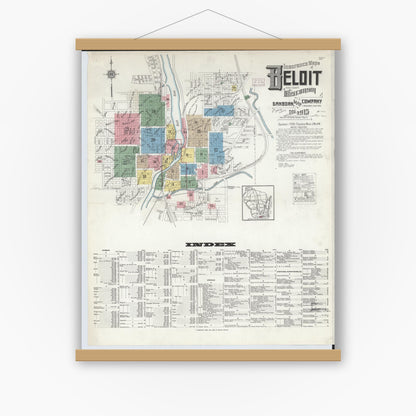 Old map wall art mockup — magnetic wood frame on white wall — Sanborn Fire Insurance Map from Beloit, Rock County, Wisconsin (1915) - Complete Map Set