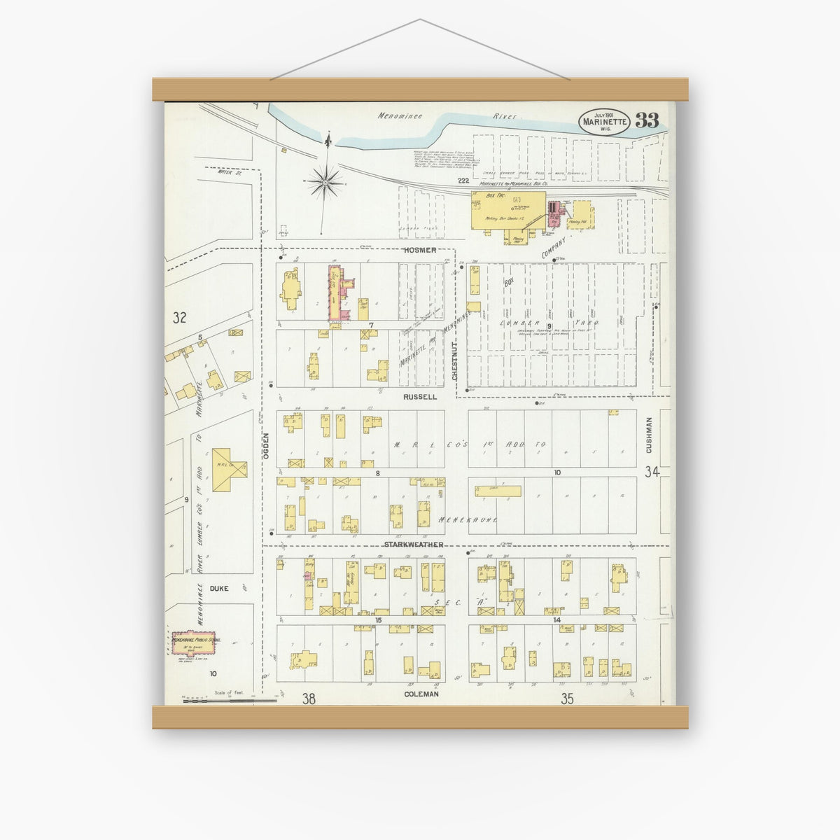 Old map wall art mockup — magnetic wood frame on white wall — Sanborn Fire Insurance Map from Marinette, Marinette County, Wisconsin (1901), Sheet #0033