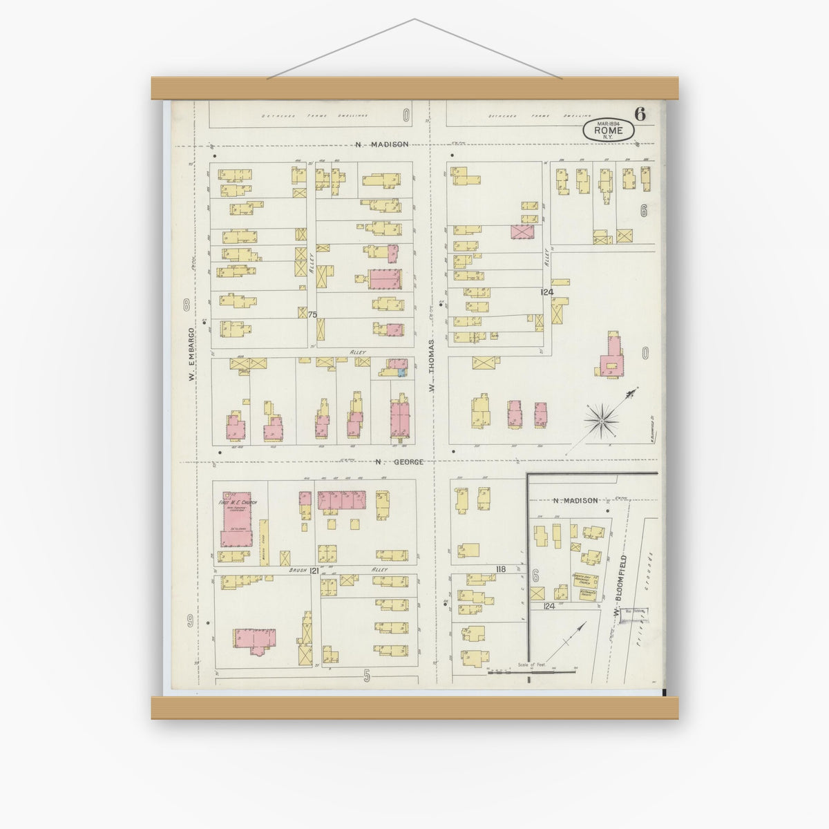 Old map wall art mockup — magnetic wood frame on white wall — Sanborn Fire Insurance Map from Rome, Oneida County, New York (1894), Sheet #0006