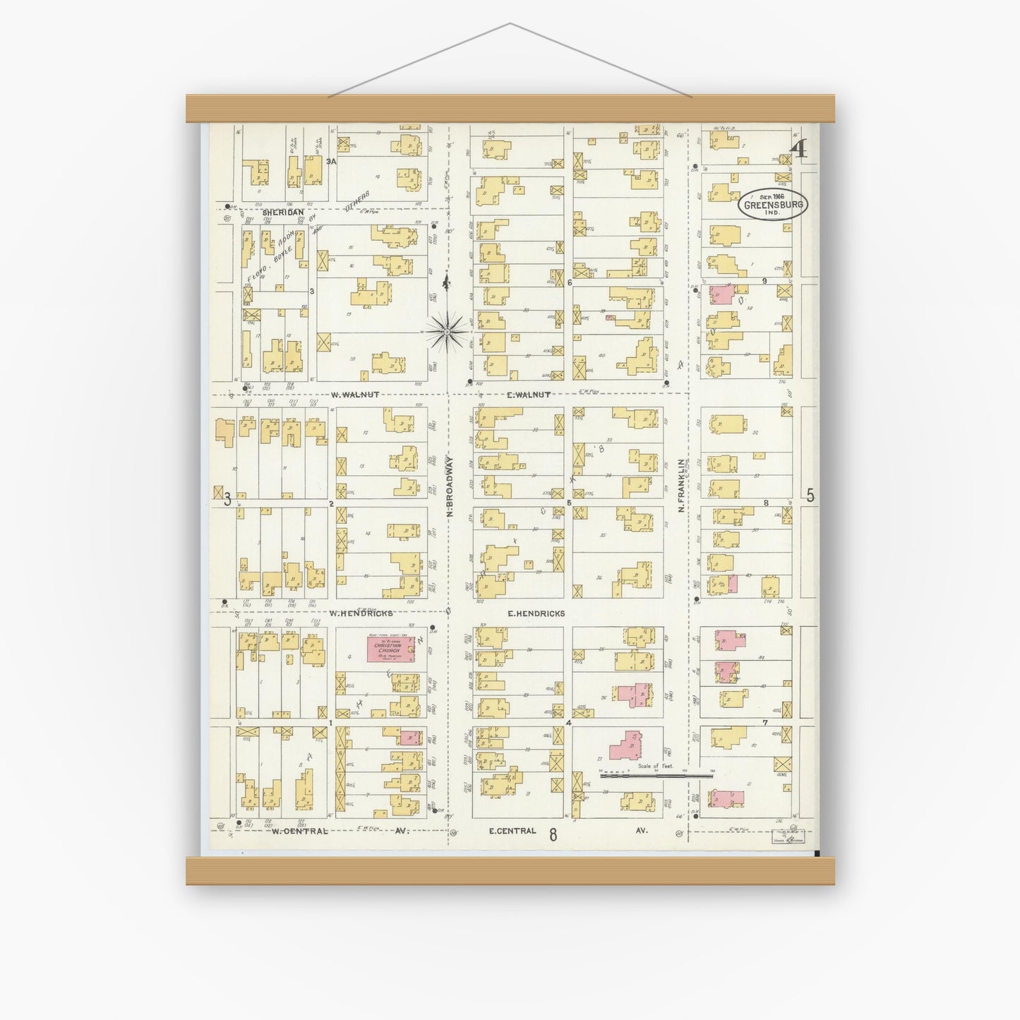 Old map wall art mockup — magnetic wood frame on white wall — Sanborn Fire Insurance Map from Greensburg, Decatur County, Indiana (1906), Sheet #0004