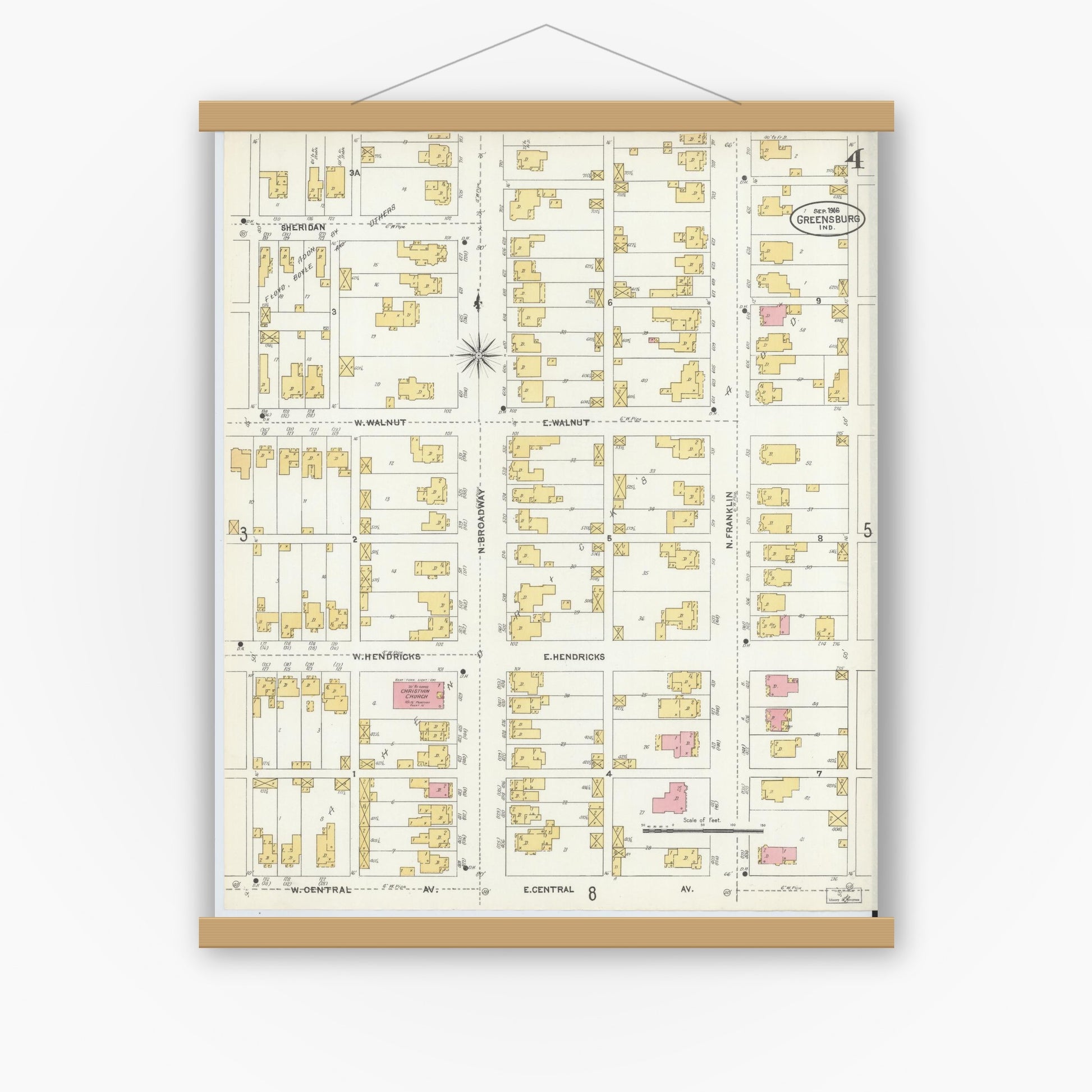 Old map wall art mockup — magnetic wood frame on white wall — Sanborn Fire Insurance Map from Greensburg, Decatur County, Indiana (1906), Sheet #0004