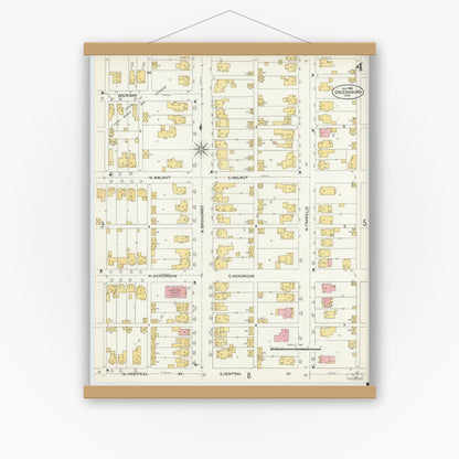 Old map wall art mockup — magnetic wood frame on white wall — Sanborn Fire Insurance Map from Greensburg, Decatur County, Indiana (1906), Sheet #0004