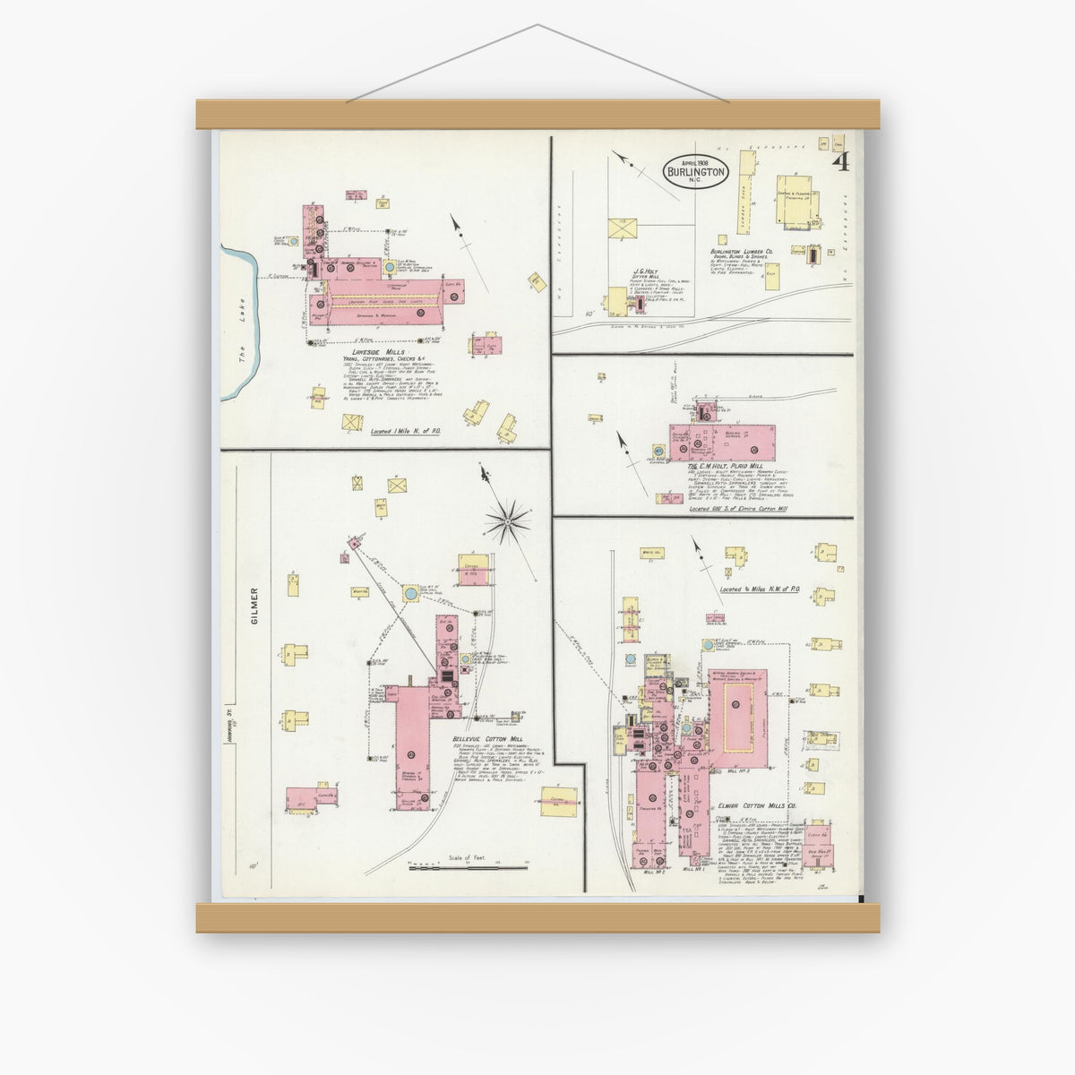 Old map wall art mockup — magnetic wood frame on white wall — Sanborn Fire Insurance Map from Burlington, Alamance County, North Carolina (1908), Sheet #0004