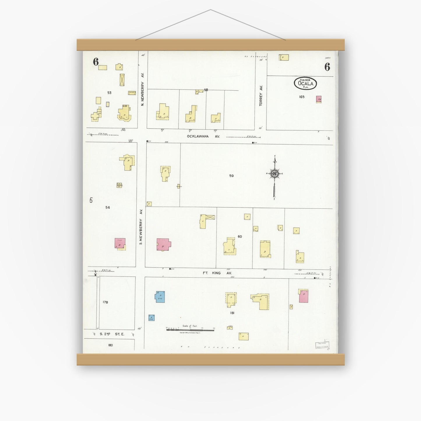 Old map wall art mockup — magnetic wood frame on white wall — Sanborn Fire Insurance Map from Ocala, Marion County, Florida (1924), Sheet #0006