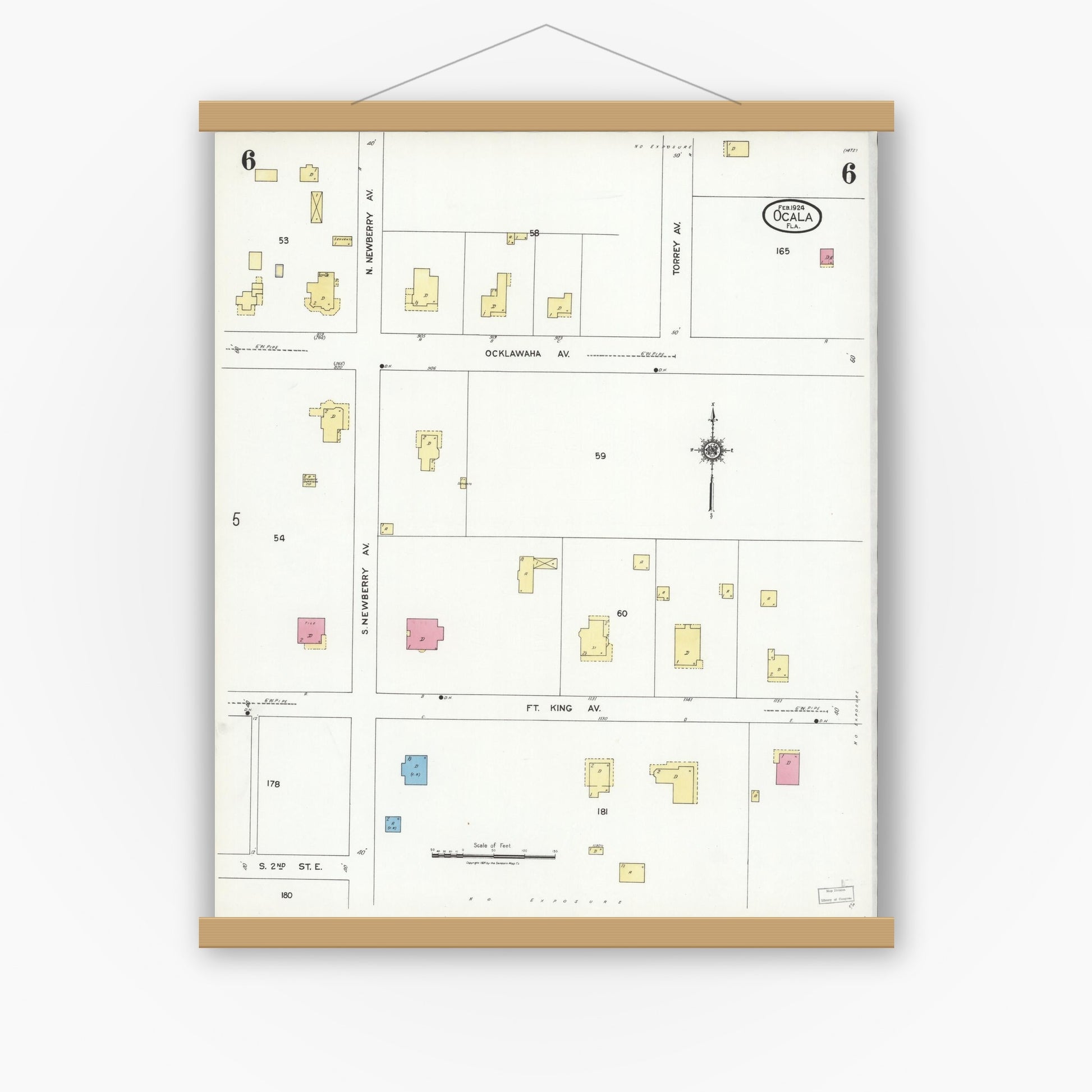 Old map wall art mockup — magnetic wood frame on white wall — Sanborn Fire Insurance Map from Ocala, Marion County, Florida (1924), Sheet #0006