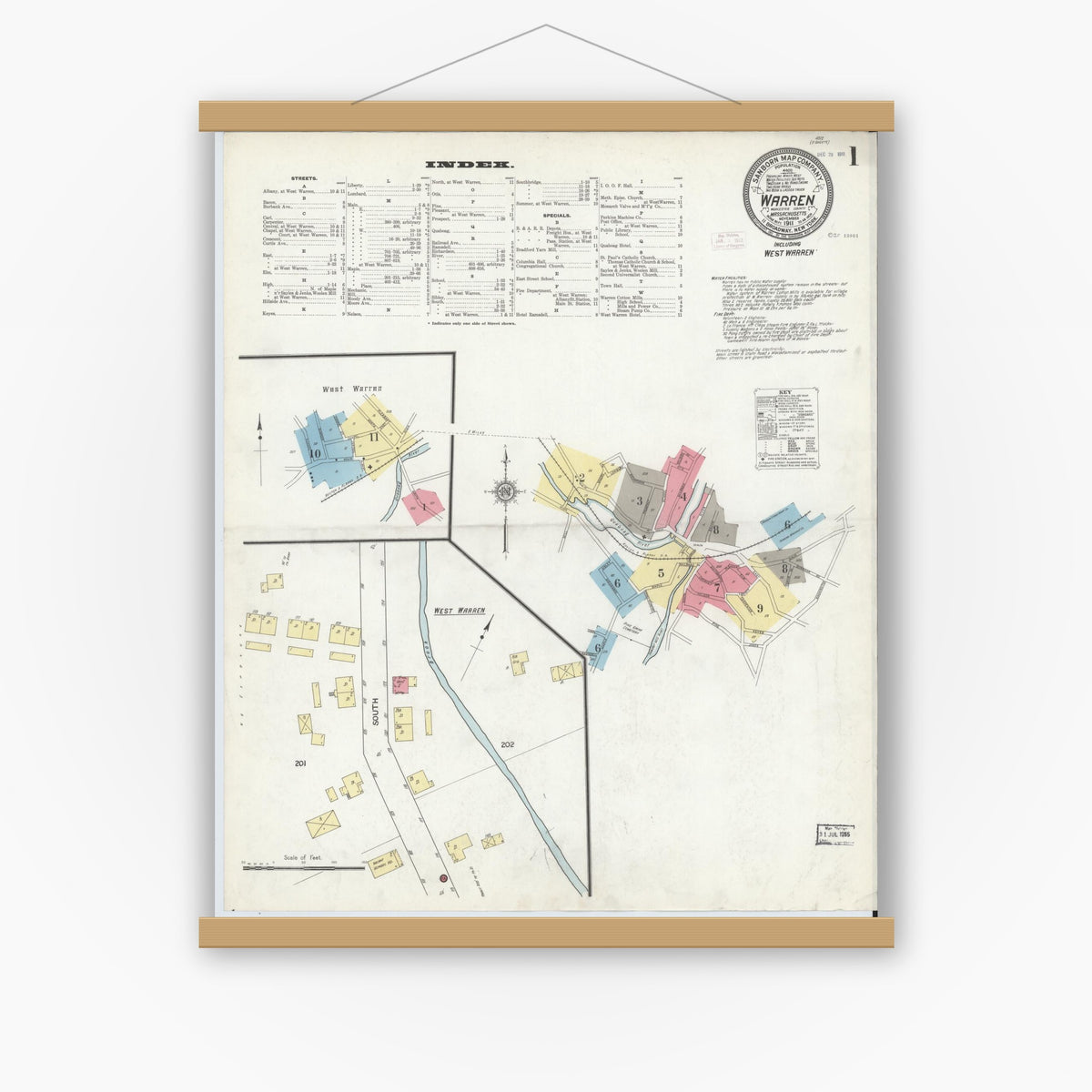 Old map wall art mockup — magnetic wood frame on white wall — Sanborn Fire Insurance Map from Warren, Worcester County, Massachusetts (1911), Sheet #0001