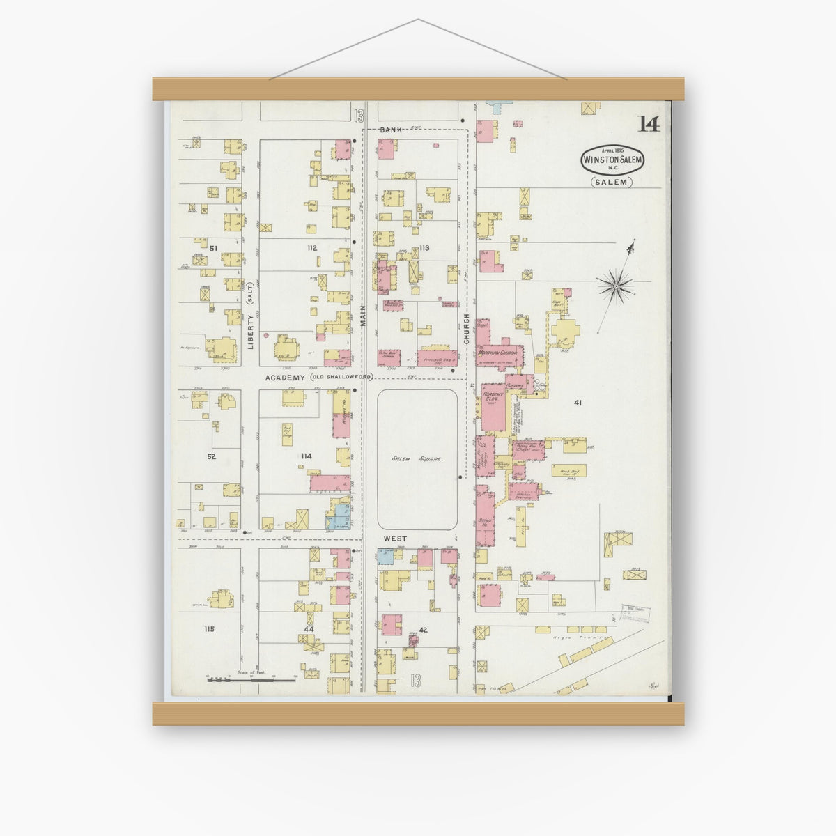 Old map wall art mockup — magnetic wood frame on white wall — Sanborn Fire Insurance Map from Winston-Salem, Forsyth County, North Carolina (1895), Sheet #0014
