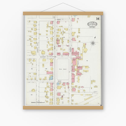 Old map wall art mockup — magnetic wood frame on white wall — Sanborn Fire Insurance Map from Winston-Salem, Forsyth County, North Carolina (1895), Sheet #0014