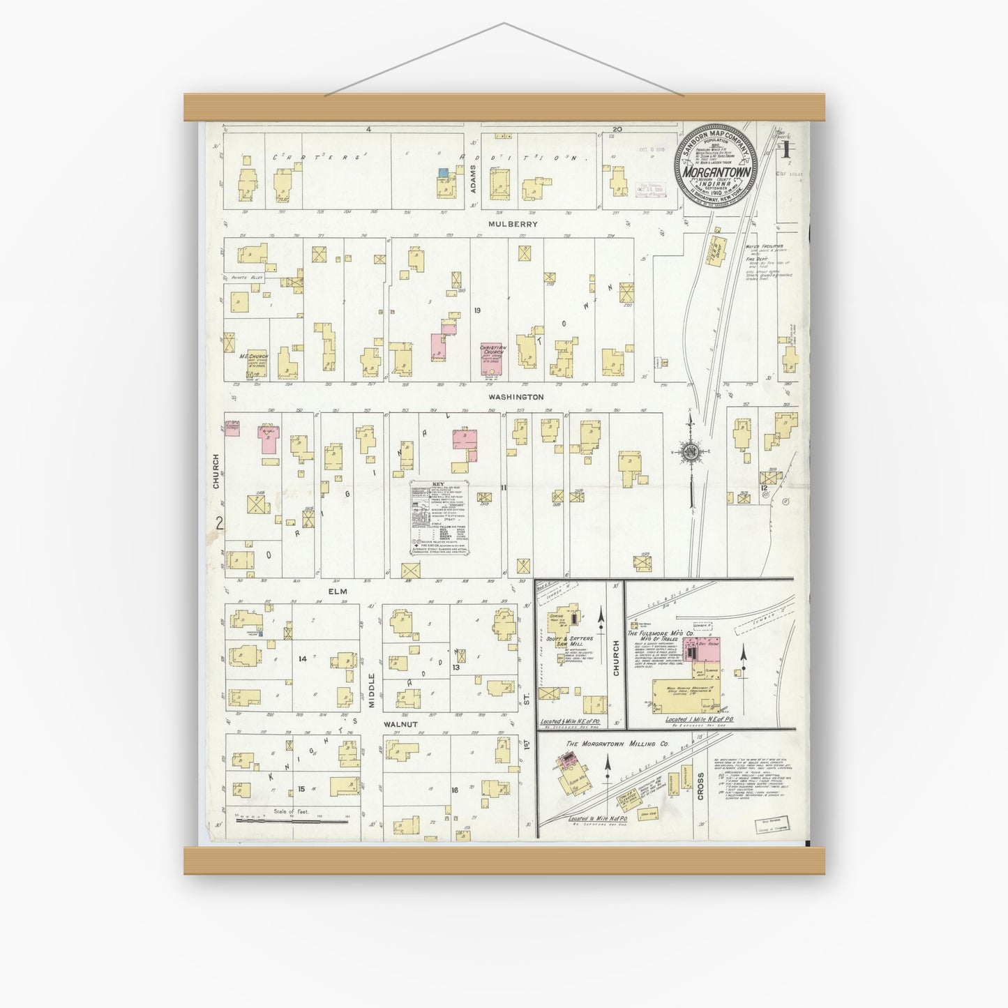 Old map wall art mockup — magnetic wood frame on white wall — Sanborn Fire Insurance Map from Morgantown, Morgan County, Indiana (1910) - Complete Map Set