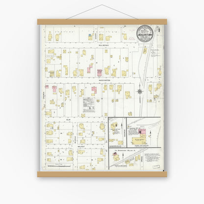 Old map wall art mockup — magnetic wood frame on white wall — Sanborn Fire Insurance Map from Morgantown, Morgan County, Indiana (1910) - Complete Map Set