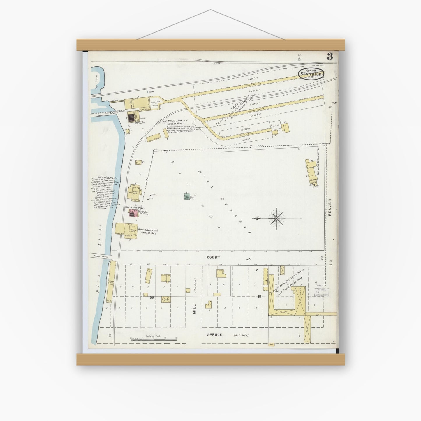 Old map wall art mockup — magnetic wood frame on white wall — Sanborn Fire Insurance Map from Standish, Arenac County, Michigan (1895), Sheet #0003