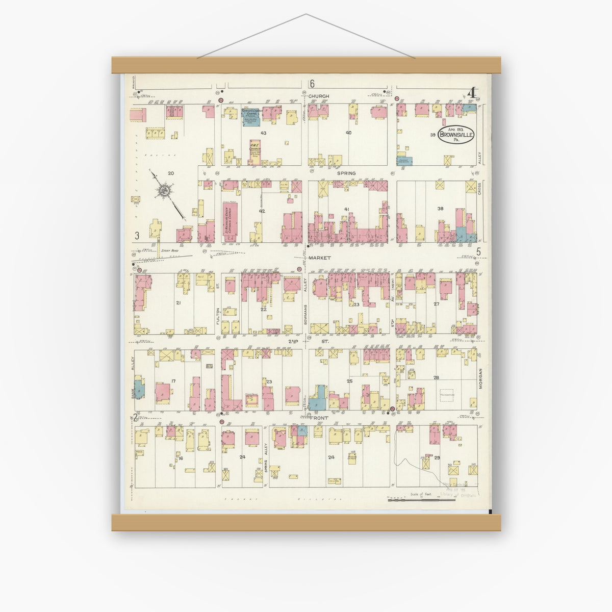 Old map wall art mockup — magnetic wood frame on white wall — Sanborn Fire Insurance Map from Brownsville, Fayette County, Pennsylvania (1913), Sheet #0004