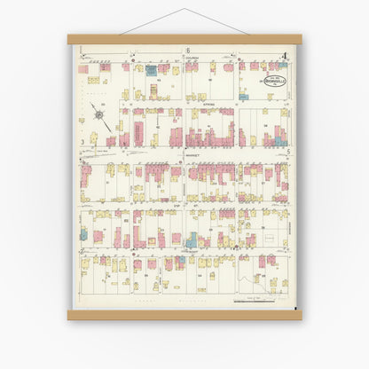 Old map wall art mockup — magnetic wood frame on white wall — Sanborn Fire Insurance Map from Brownsville, Fayette County, Pennsylvania (1913), Sheet #0004