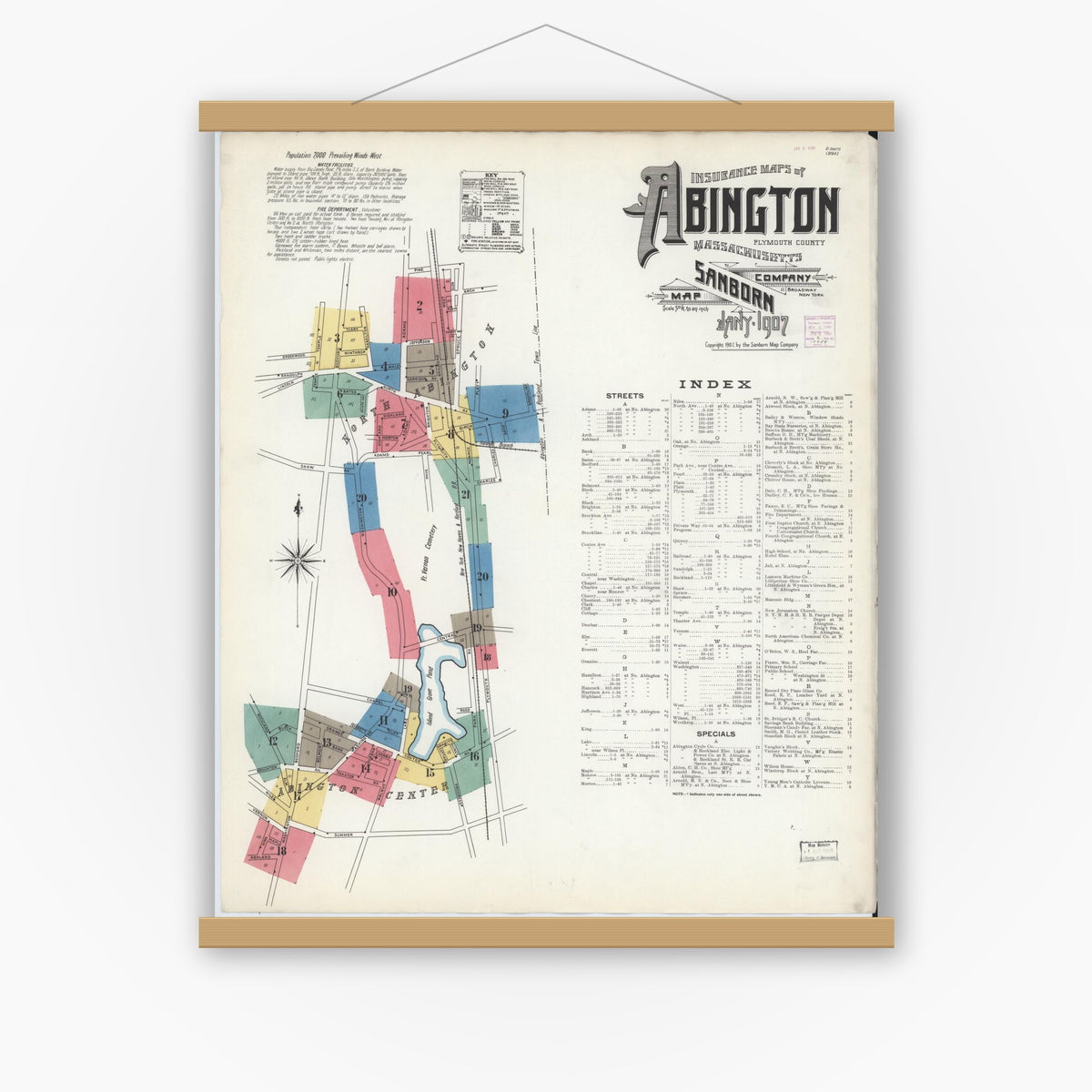 Old map wall art mockup — magnetic wood frame on white wall — Sanborn Fire Insurance Map from Abington, Plymouth County, Massachusetts (1907) - Complete Map Set