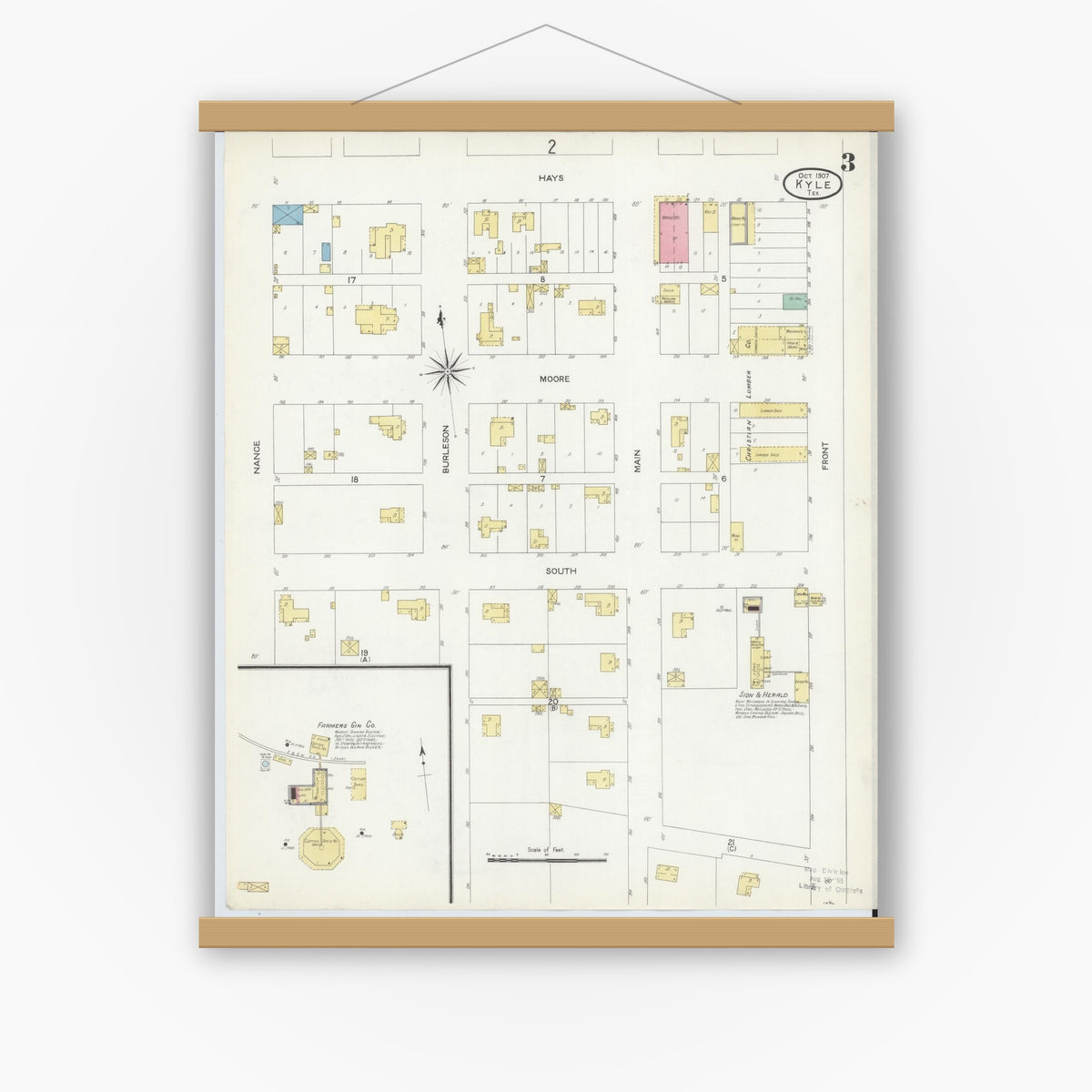 Old map wall art mockup — magnetic wood frame on white wall — Sanborn Fire Insurance Map from Kyle, Hays County, Texas (1907), Sheet #0003