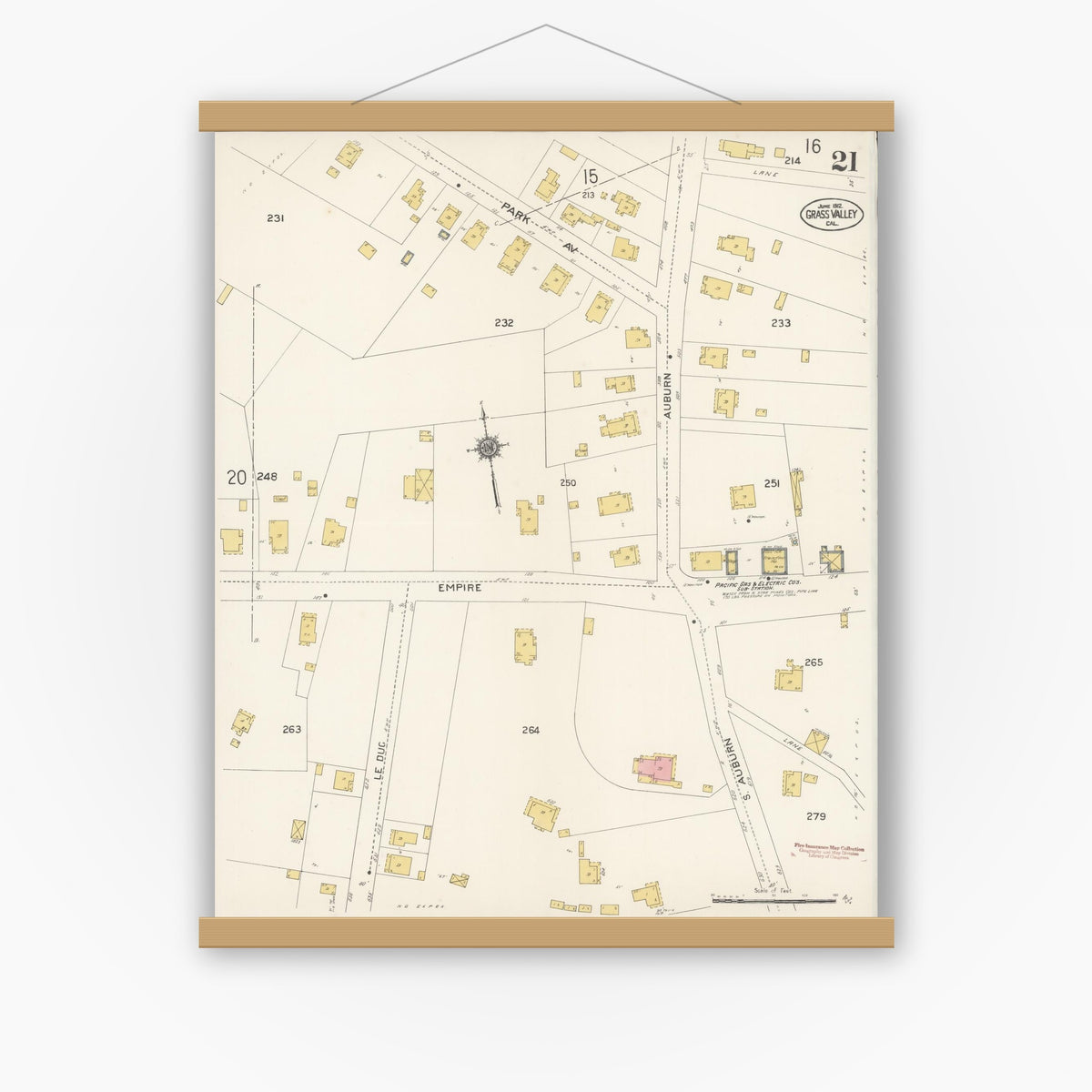 Old map wall art mockup — magnetic wood frame on white wall — Sanborn Fire Insurance Map from Grass Valley, Nevada County, California (1912), Sheet #0021