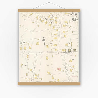 Old map wall art mockup — magnetic wood frame on white wall — Sanborn Fire Insurance Map from Grass Valley, Nevada County, California (1912), Sheet #0021