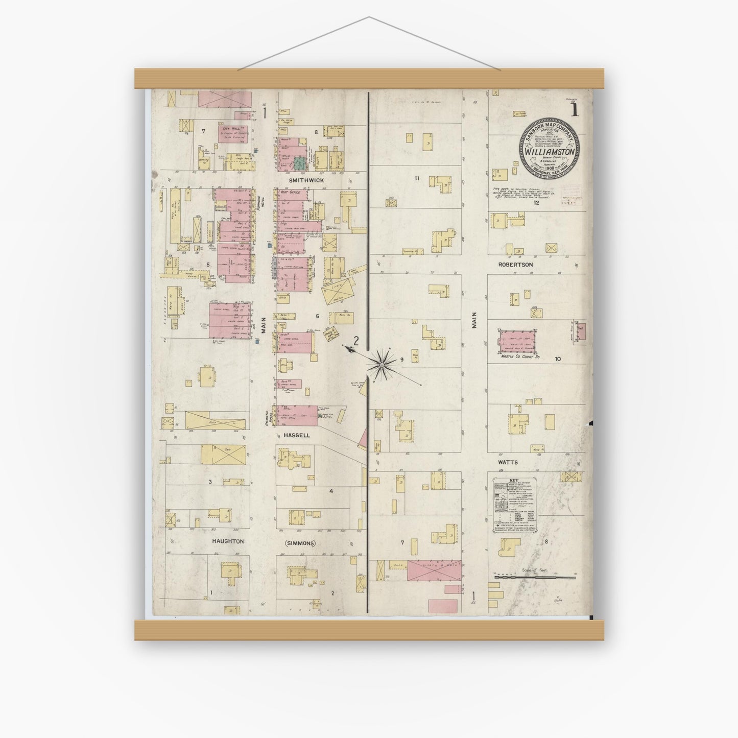 Old map wall art mockup — magnetic wood frame on white wall — Sanborn Fire Insurance Map from Williamston, Martin County, North Carolina (1908), Sheet #0001