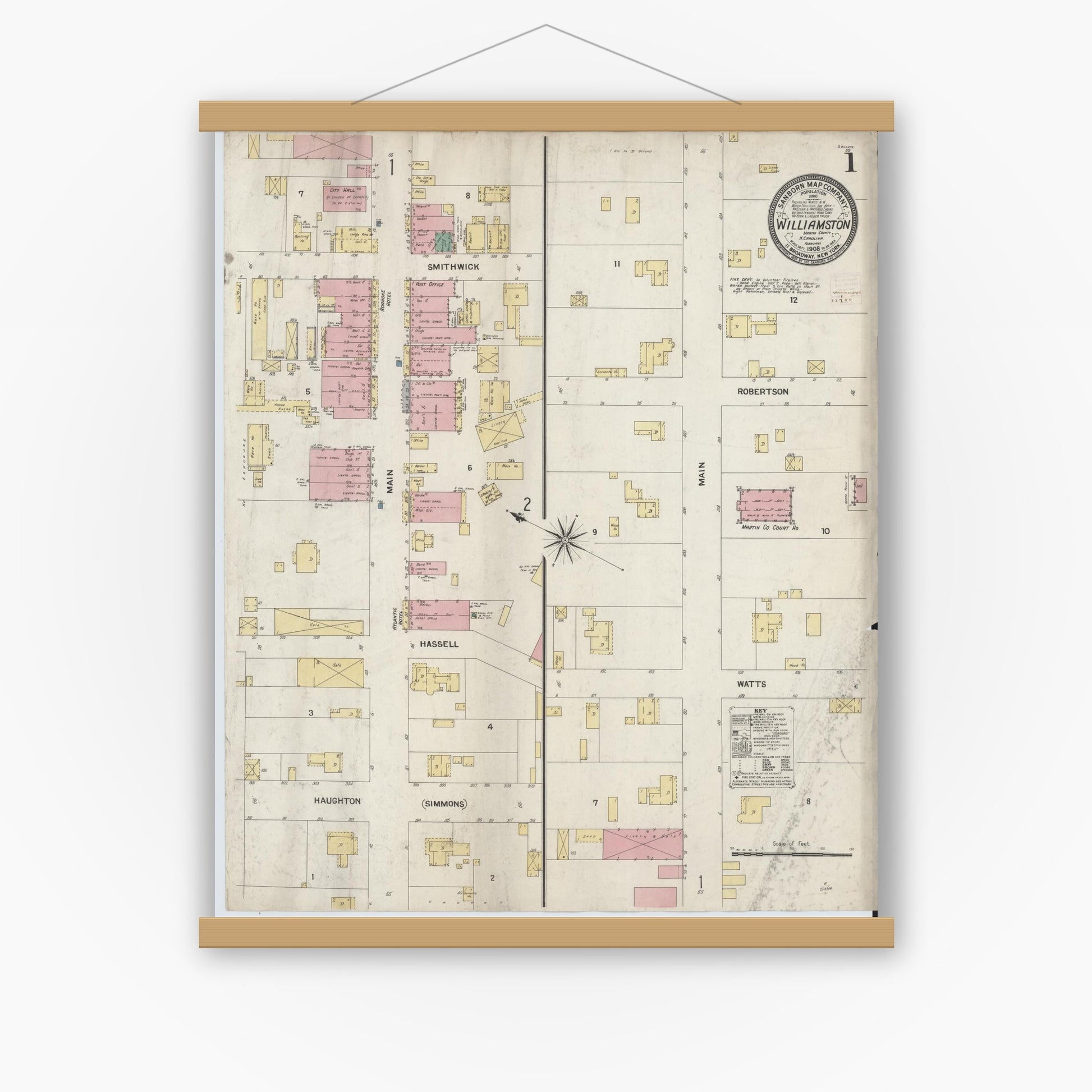 Old map wall art mockup — magnetic wood frame on white wall — Sanborn Fire Insurance Map from Williamston, Martin County, North Carolina (1908), Sheet #0001