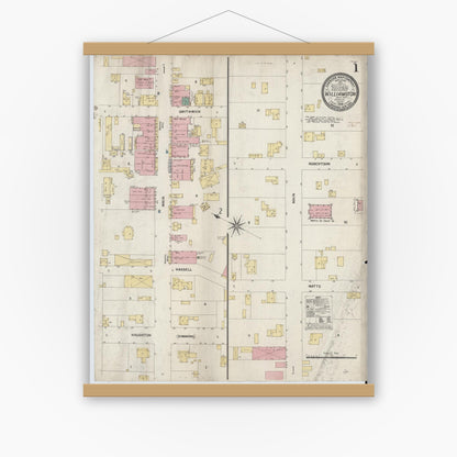 Old map wall art mockup — magnetic wood frame on white wall — Sanborn Fire Insurance Map from Williamston, Martin County, North Carolina (1908), Sheet #0001