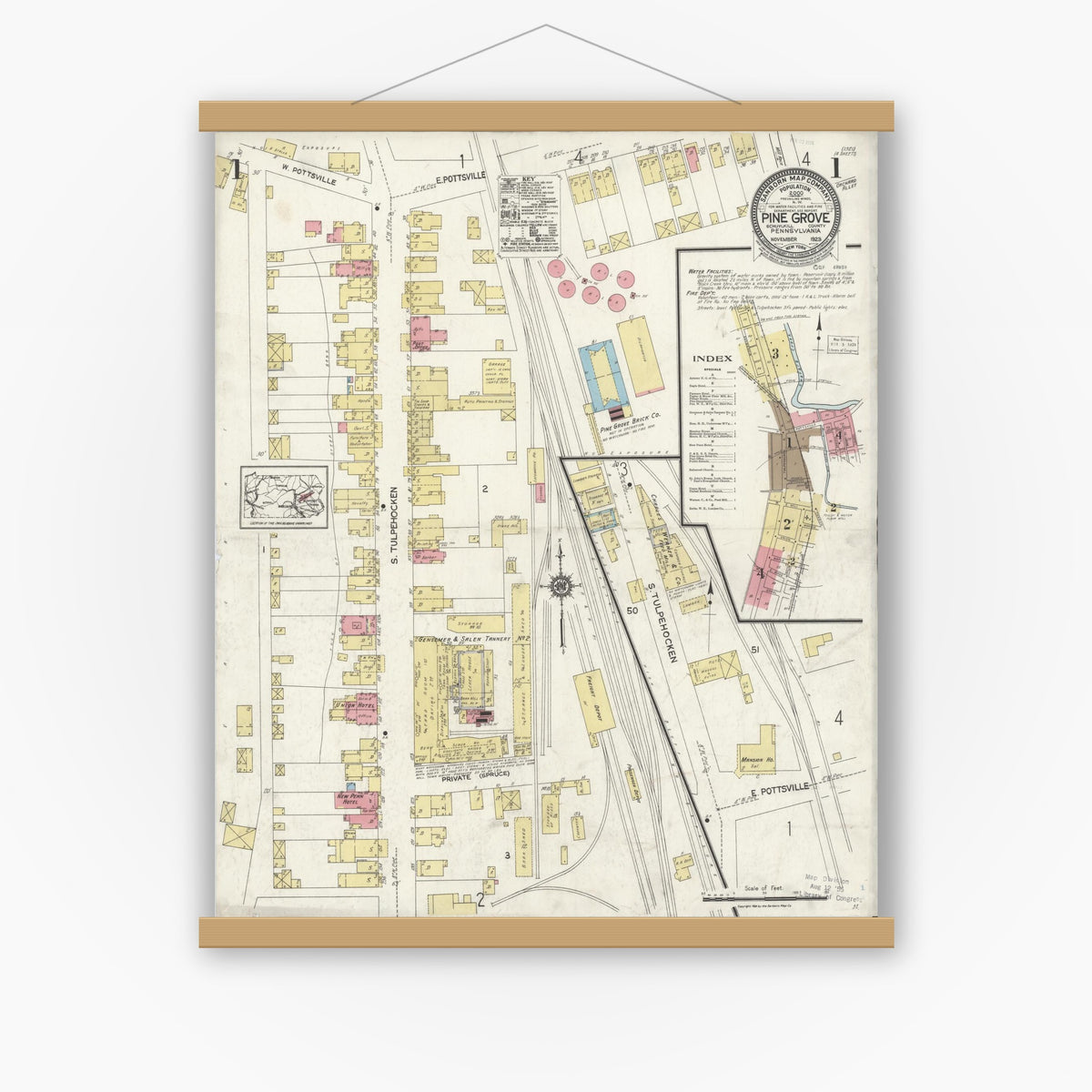 Old map wall art mockup — magnetic wood frame on white wall — Sanborn Fire Insurance Map from Pine Grove, Schuylkill County, Pennsylvania (1923), Sheet #0001