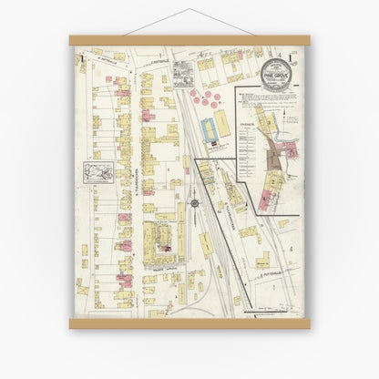 Old map wall art mockup — magnetic wood frame on white wall — Sanborn Fire Insurance Map from Pine Grove, Schuylkill County, Pennsylvania (1923), Sheet #0001