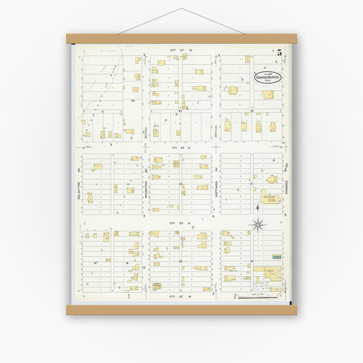 Old map wall art mockup — magnetic wood frame on white wall — Sanborn Fire Insurance Map from Grand Rapids, Itasca County, Minnesota (1908), Sheet #0005