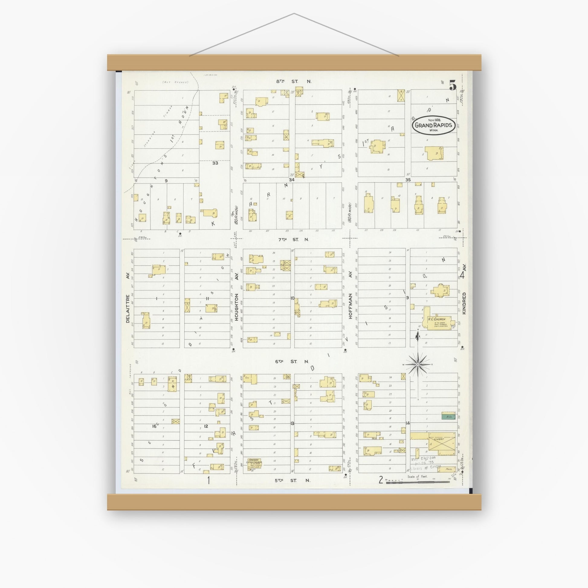 Old map wall art mockup — magnetic wood frame on white wall — Sanborn Fire Insurance Map from Grand Rapids, Itasca County, Minnesota (1908), Sheet #0005