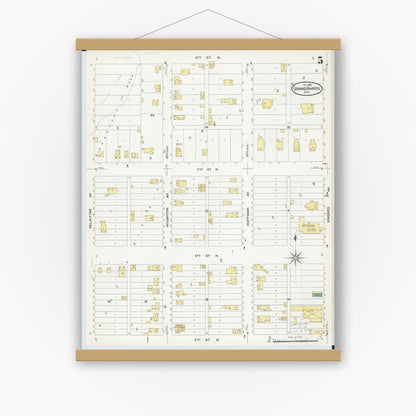 Old map wall art mockup — magnetic wood frame on white wall — Sanborn Fire Insurance Map from Grand Rapids, Itasca County, Minnesota (1908), Sheet #0005
