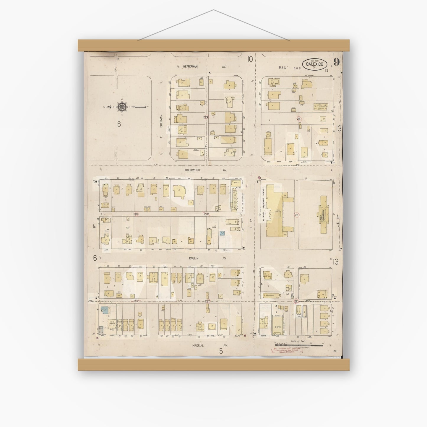 Old map wall art mockup — magnetic wood frame on white wall — Sanborn Fire Insurance Map from Calexico, Imperial County, California (1949), Sheet #0009