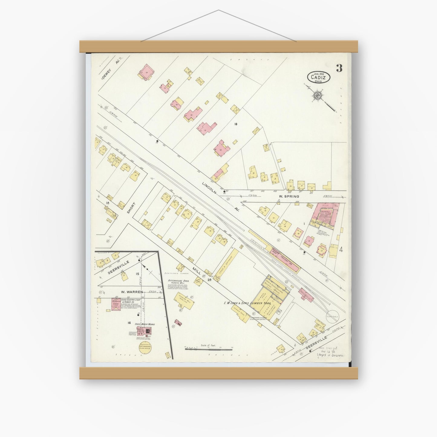 Old map wall art mockup — magnetic wood frame on white wall — Sanborn Fire Insurance Map from Cadiz, Harrison County, Ohio (1916), Sheet #0003