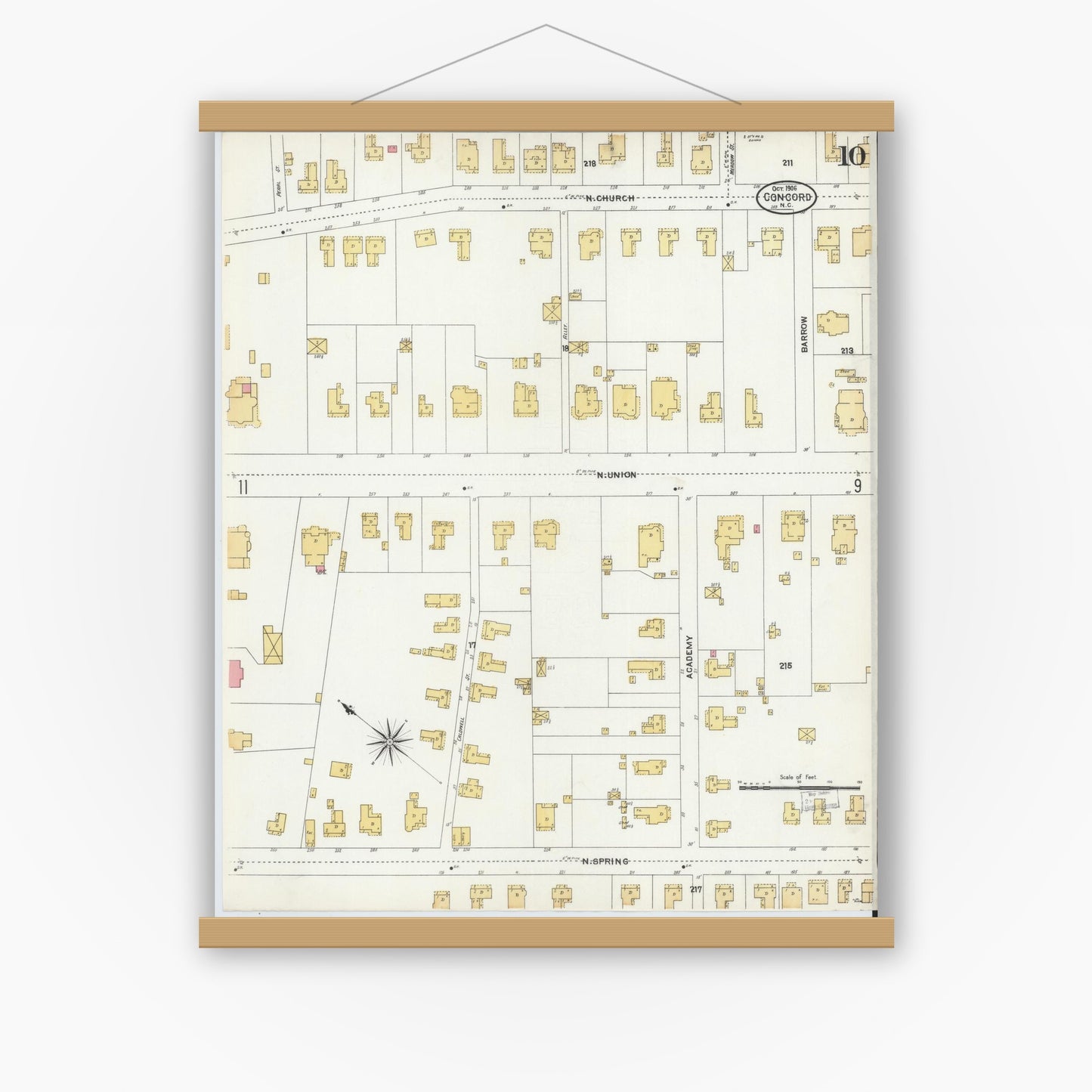 Old map wall art mockup — magnetic wood frame on white wall — Sanborn Fire Insurance Map from Concord, Cabarrus County, North Carolina (1906), Sheet #0010