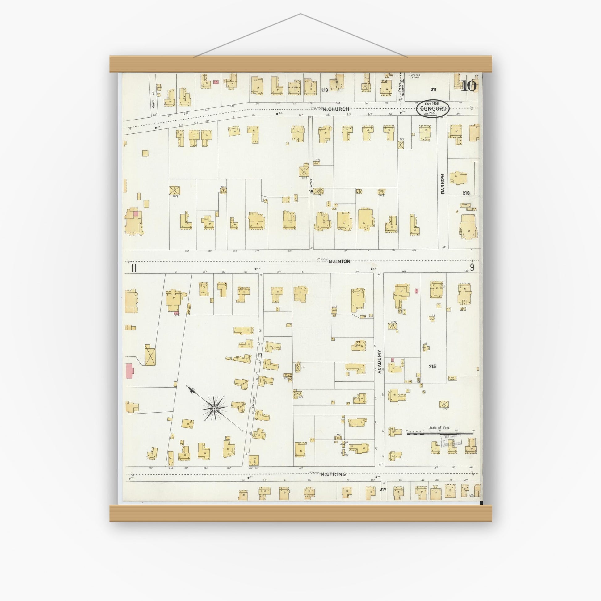 Old map wall art mockup — magnetic wood frame on white wall — Sanborn Fire Insurance Map from Concord, Cabarrus County, North Carolina (1906), Sheet #0010