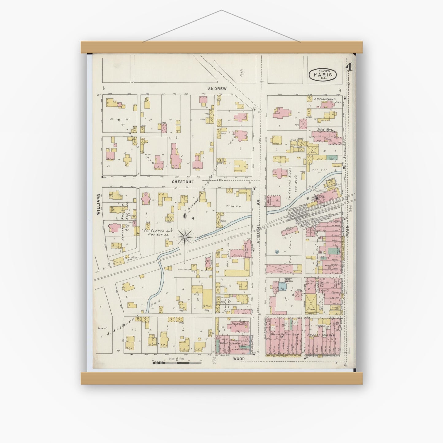 Old map wall art mockup — magnetic wood frame on white wall — Sanborn Fire Insurance Map from Paris, Edgar County, Illinois (1895), Sheet #0004