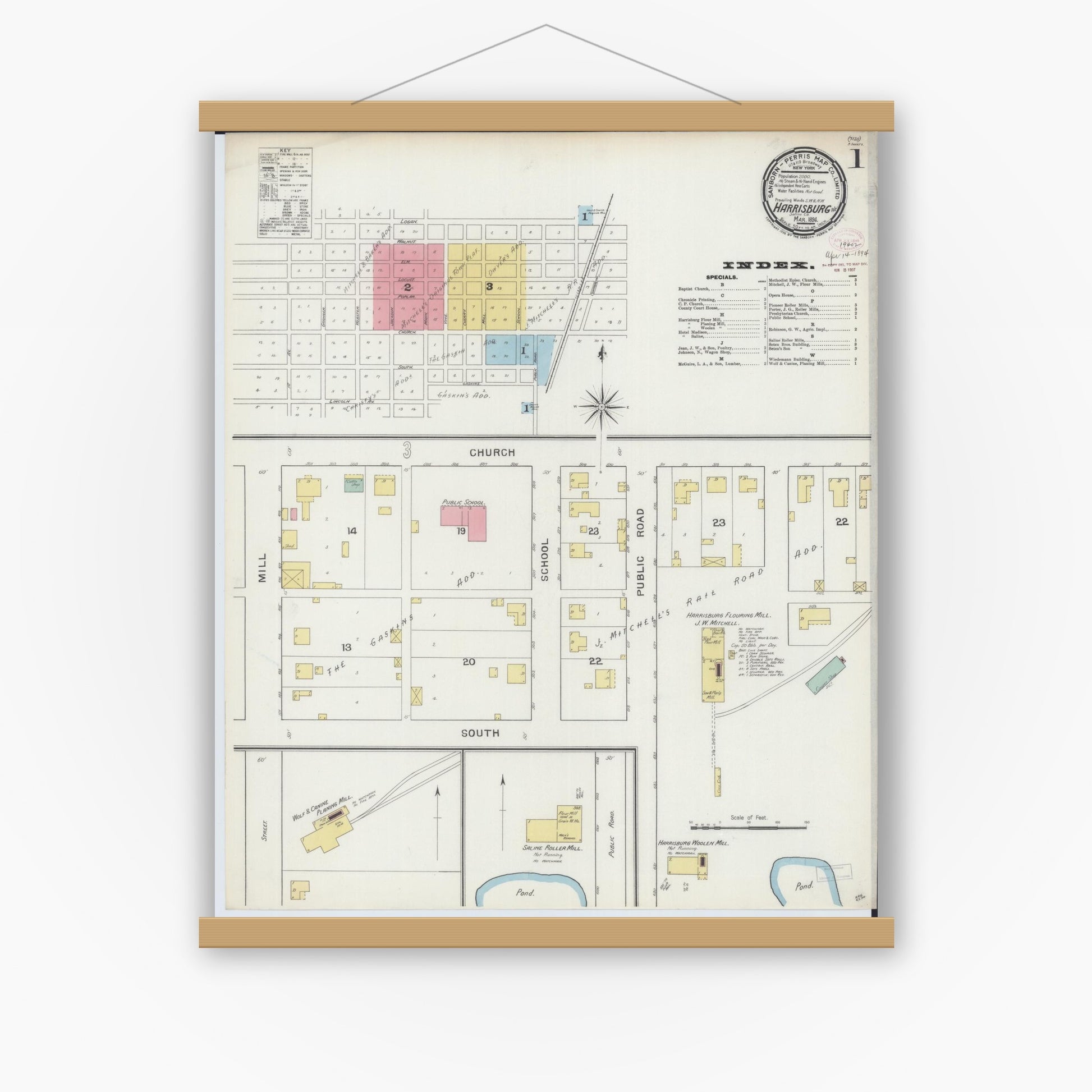 Old map wall art mockup — magnetic wood frame on white wall — Sanborn Fire Insurance Map from Harrisburg, Saline County, Illinois (1894) - Complete Map Set