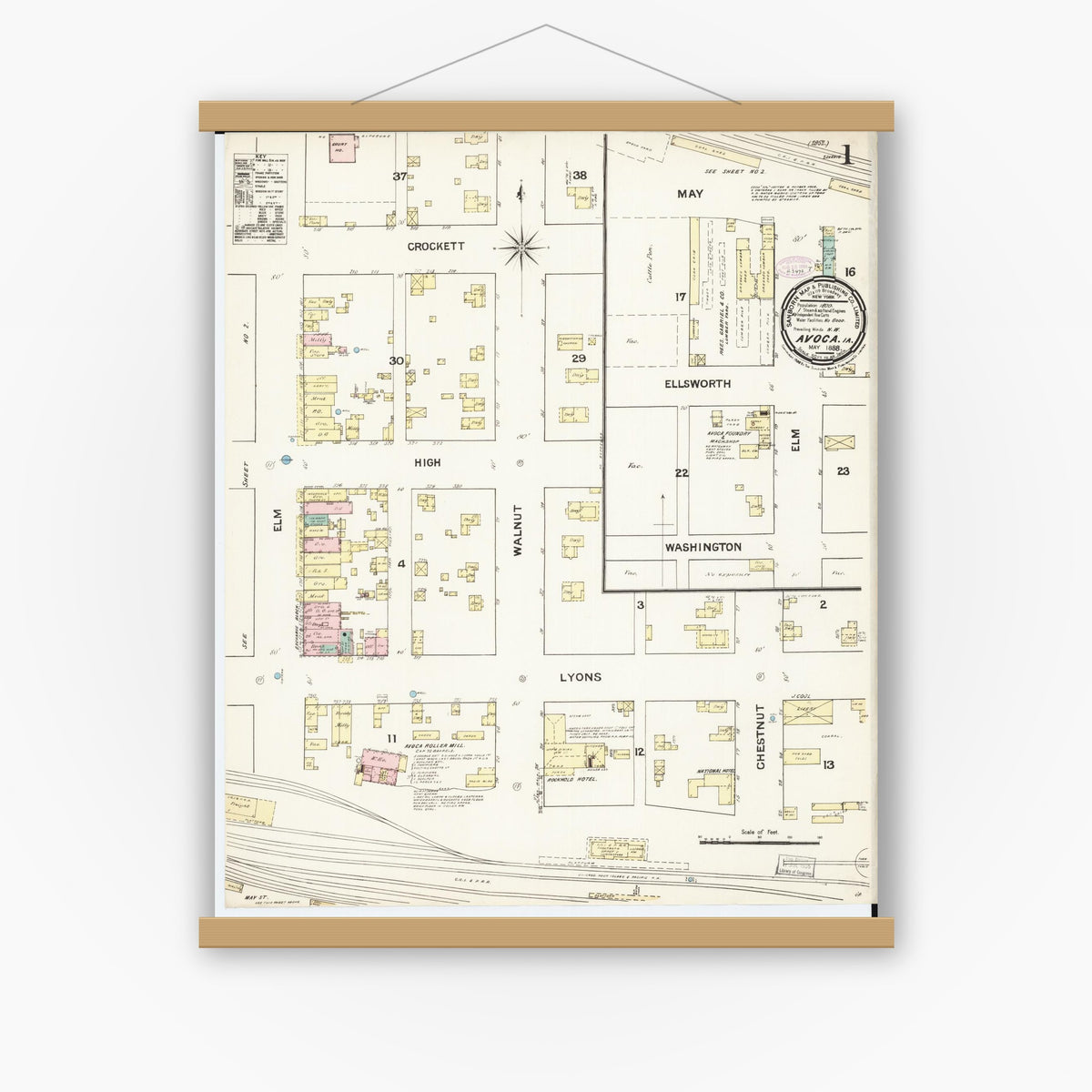 Old map wall art mockup — magnetic wood frame on white wall — Sanborn Fire Insurance Map from Avoca, Pottawattamie County, Iowa (1888) â€” Complete Set