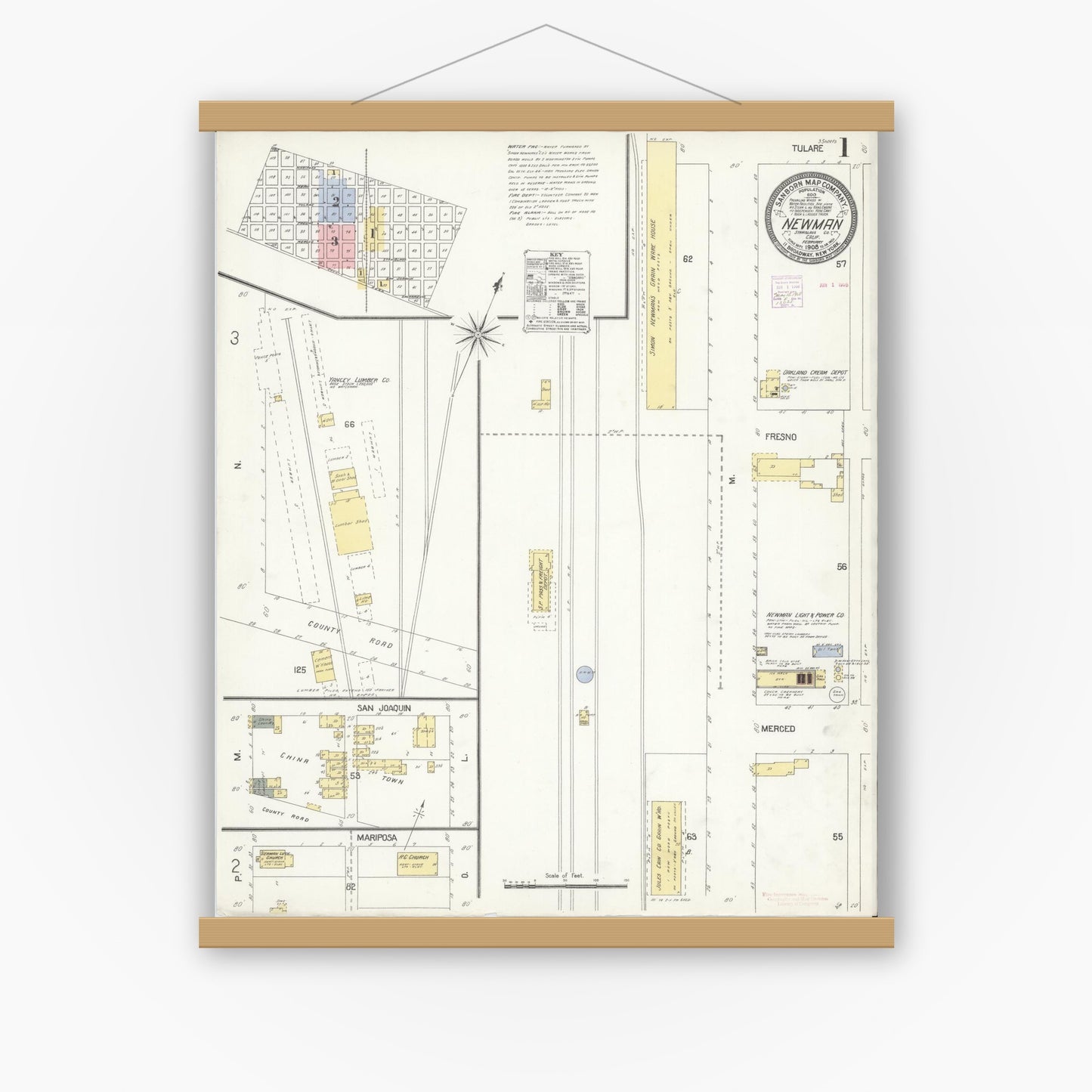 Old map wall art mockup — magnetic wood frame on white wall — Sanborn Fire Insurance Map from Newman, Stanislaus County, California (1908) - Complete Map Set