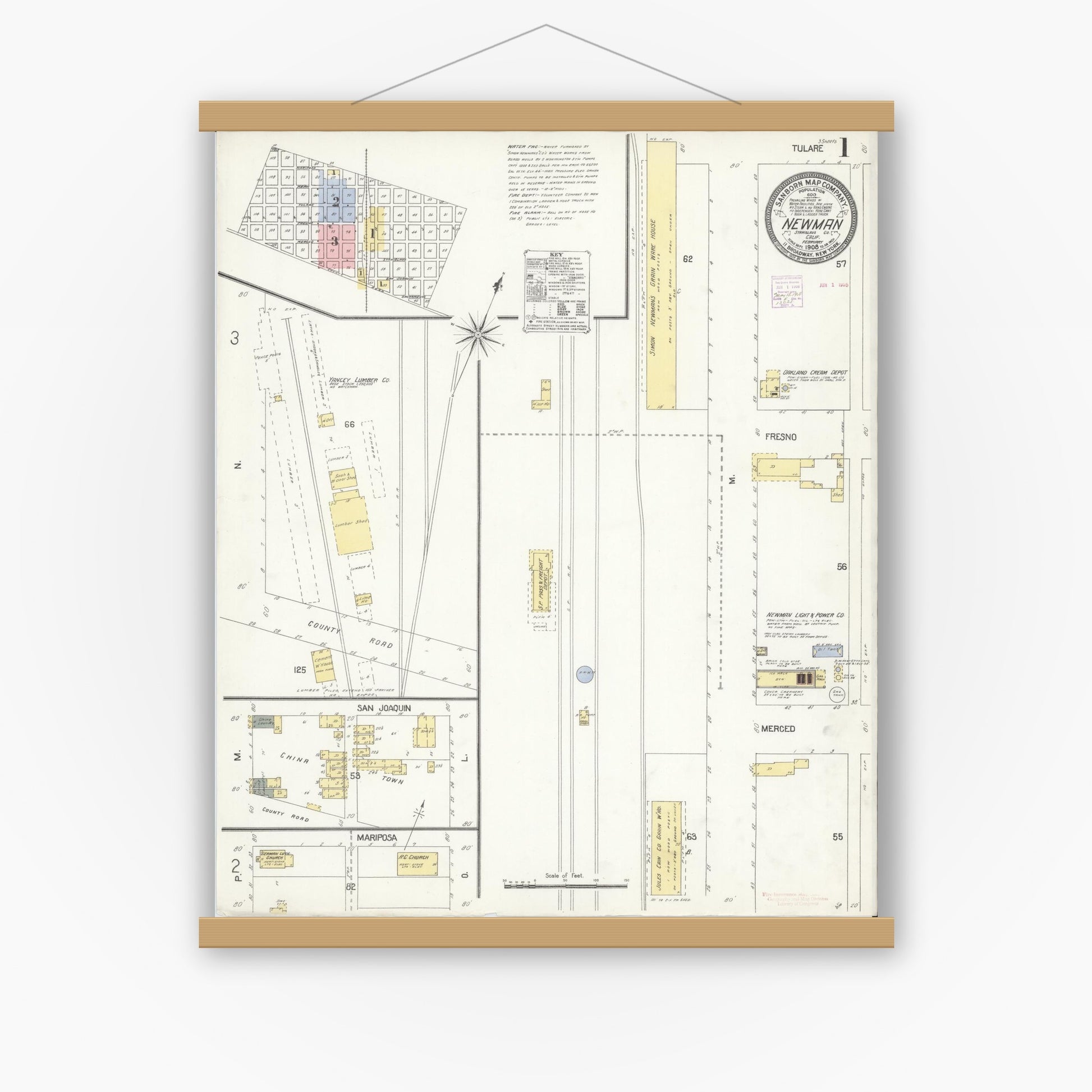 Old map wall art mockup — magnetic wood frame on white wall — Sanborn Fire Insurance Map from Newman, Stanislaus County, California (1908) - Complete Map Set