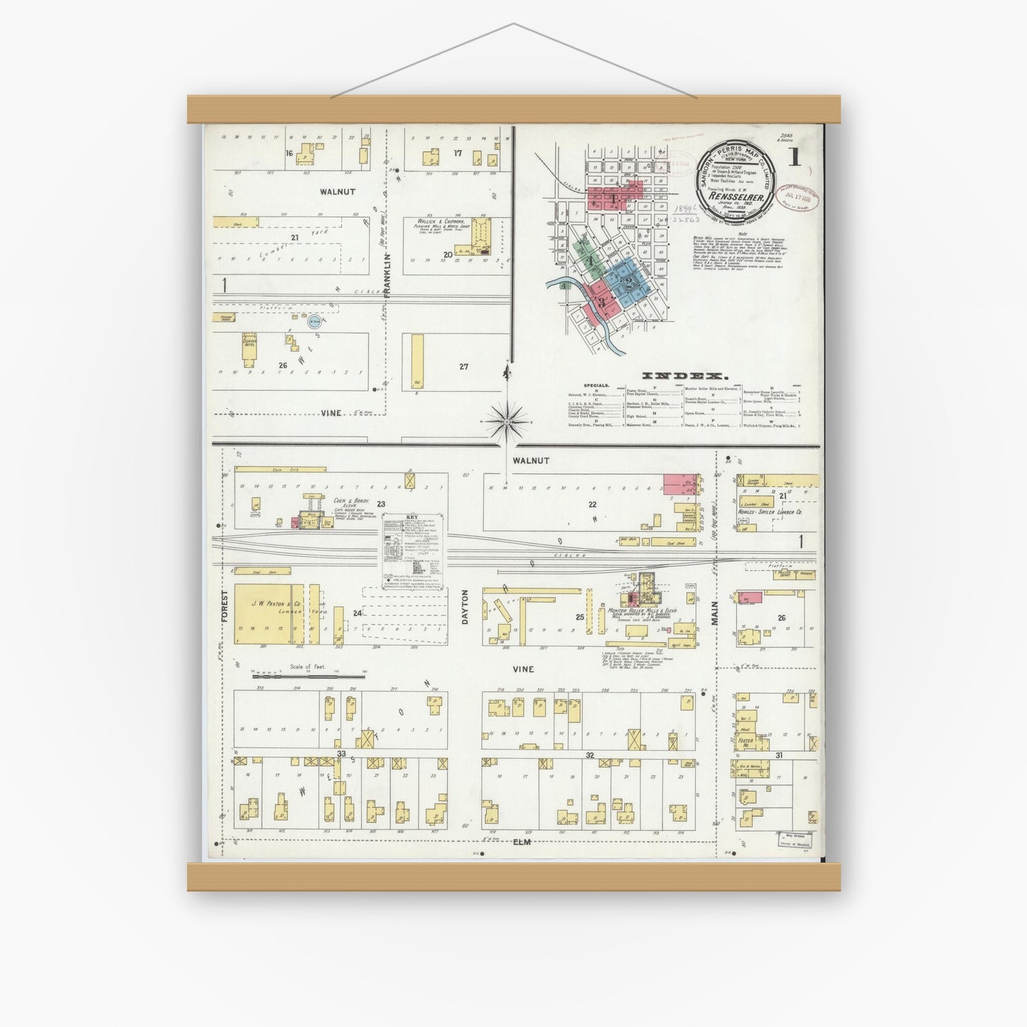 Old map wall art mockup — magnetic wood frame on white wall — Sanborn Fire Insurance Map from Rensselaer, Jasper County, Indiana (1899) - Complete Map Set