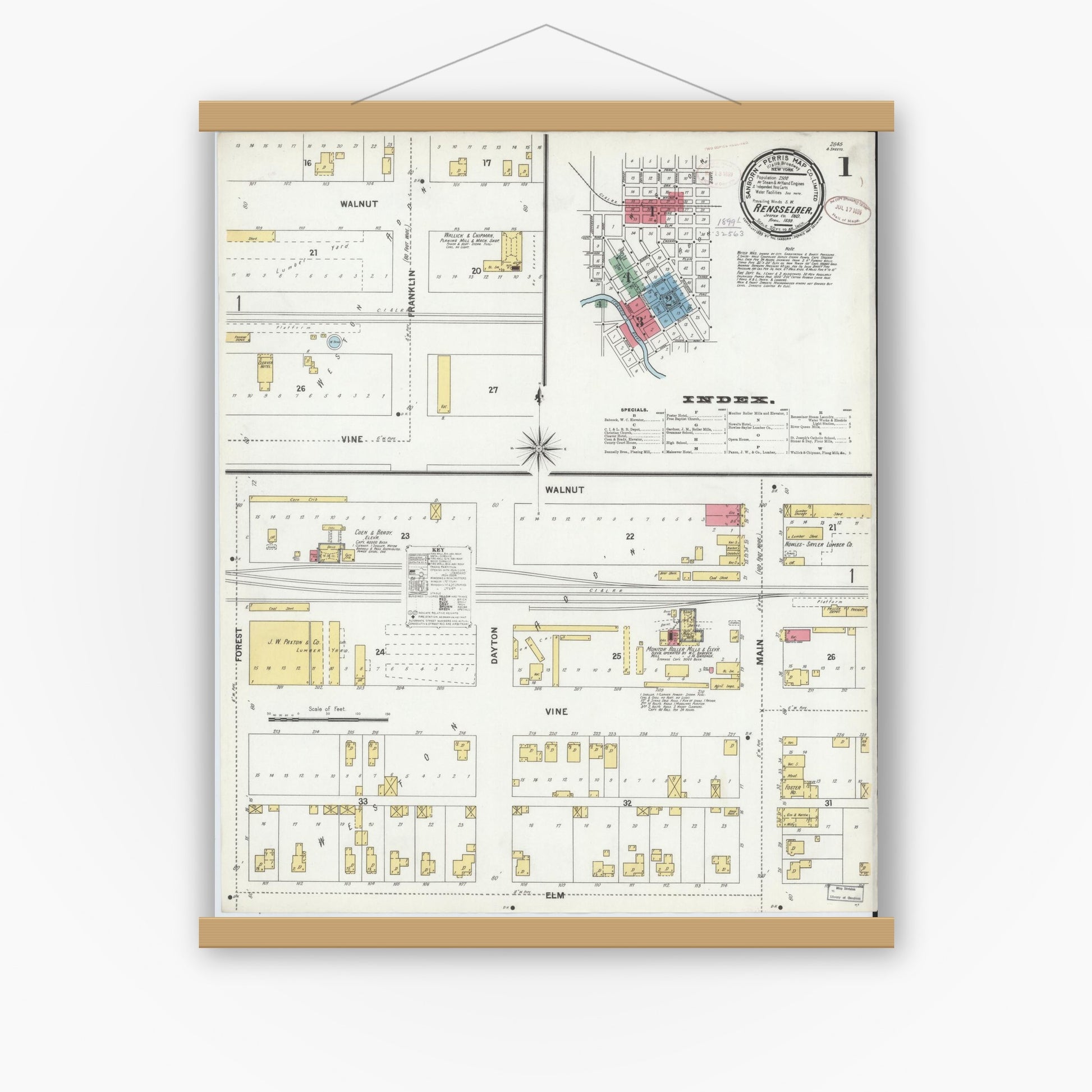 Old map wall art mockup — magnetic wood frame on white wall — Sanborn Fire Insurance Map from Rensselaer, Jasper County, Indiana (1899) - Complete Map Set