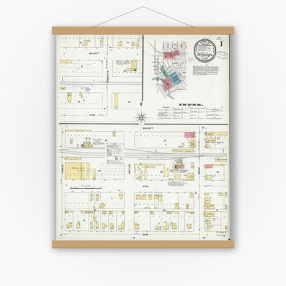 Old map wall art mockup — magnetic wood frame on white wall — Sanborn Fire Insurance Map from Rensselaer, Jasper County, Indiana (1899) - Complete Map Set