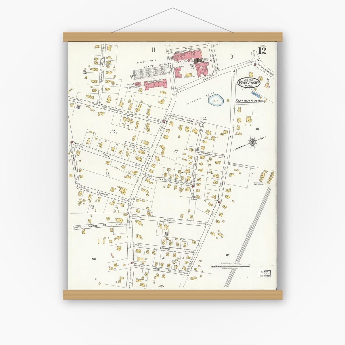 Old map wall art mockup — magnetic wood frame on white wall — Sanborn Fire Insurance Map from Bridgewater, Plymouth County, Massachusetts (1921), Sheet #0012