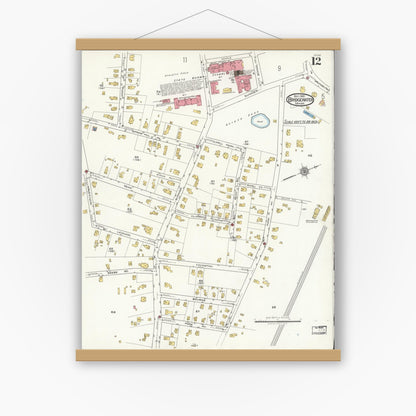 Old map wall art mockup — magnetic wood frame on white wall — Sanborn Fire Insurance Map from Bridgewater, Plymouth County, Massachusetts (1921), Sheet #0012